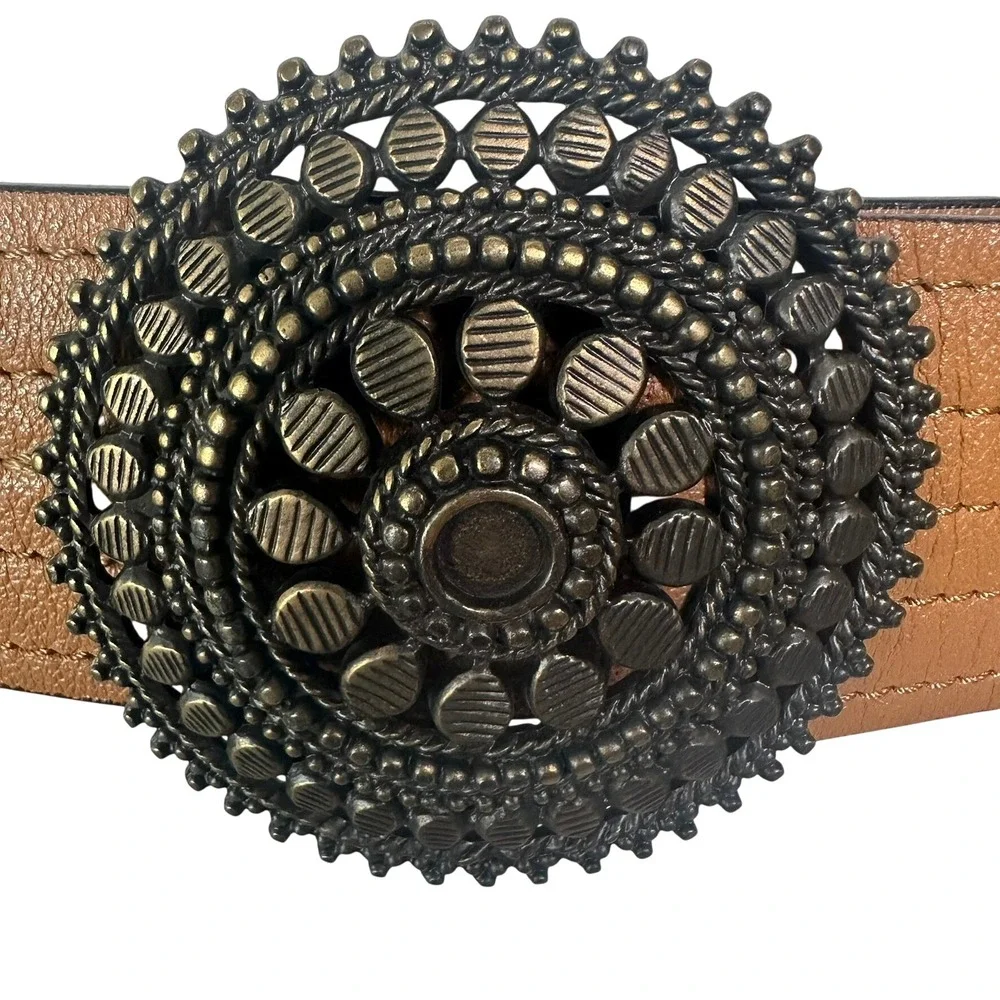 Chico's‎ Brown Leather Medallion Statement Belt Bronze Ornate Boho Wide NEW